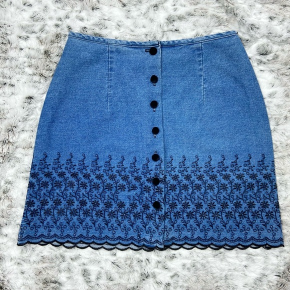 Vintage Denim Floral Embroidered Button Down Skirt
